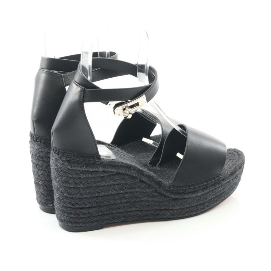 愛馬仕 Tipoli Espadrilles 涼鞋 #39 H191098Z 皮革黃麻黑色二手女款-1