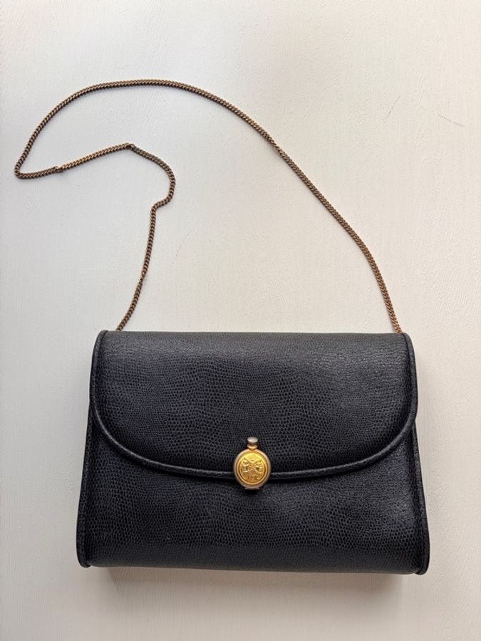 1989年購證 Fendi 經典黑金羅馬錢幣扣掌紋皮鏈條包 斜背包-3