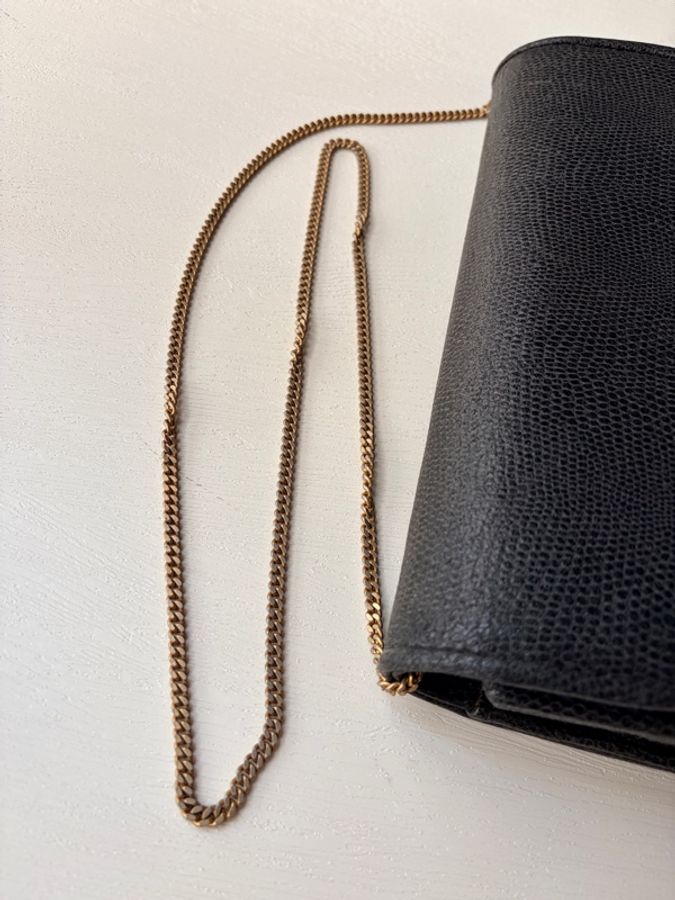 1989年購證 Fendi 經典黑金羅馬錢幣扣掌紋皮鏈條包 斜背包-6
