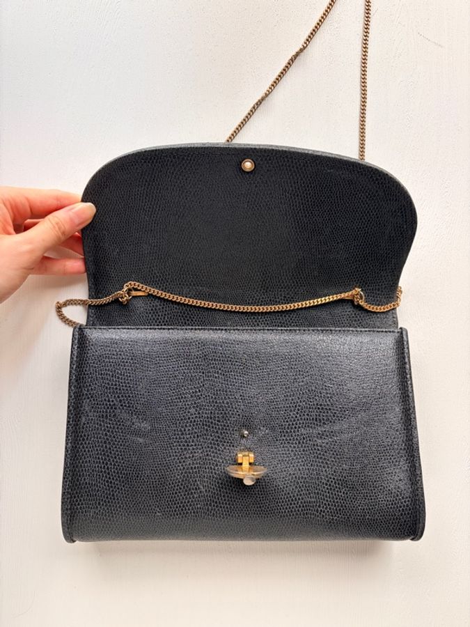 1989年購證 Fendi 經典黑金羅馬錢幣扣掌紋皮鏈條包 斜背包-15