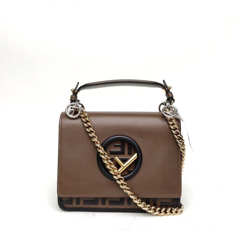 FENDI 咖啡色牛皮金銀扣KANI金標Logo單肩包肩背包-0