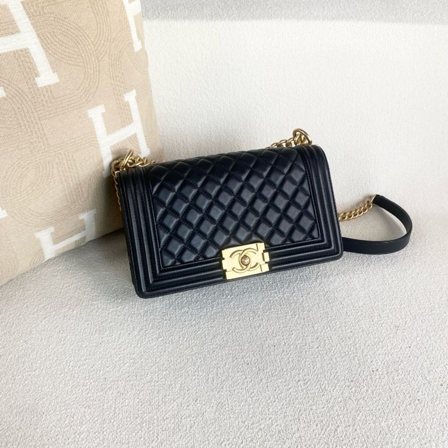 CHANEL Leboy 黑金菱格紋 羊皮 肩背包 25cm-3