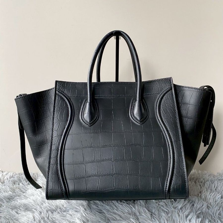 CELINE Phantom 黑 牛皮 中號 蝙蝠包 囧臉包 鱷魚壓紋 手提包169953-1