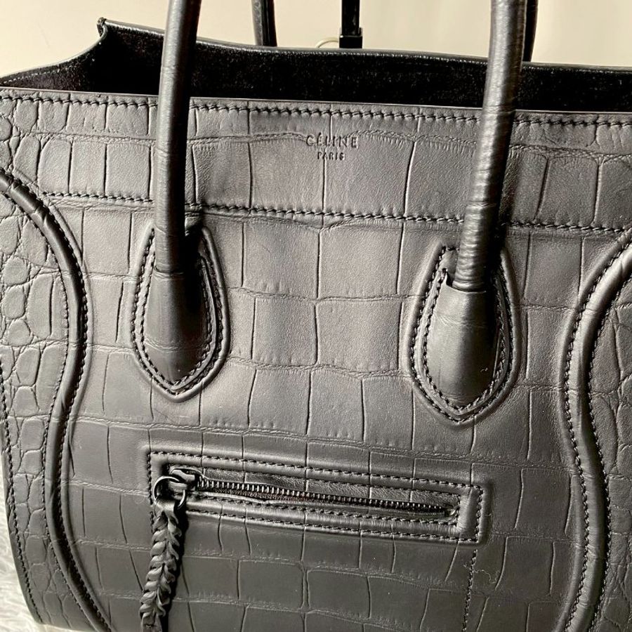 CELINE Phantom 黑 牛皮 中號 蝙蝠包 囧臉包 鱷魚壓紋 手提包169953-6