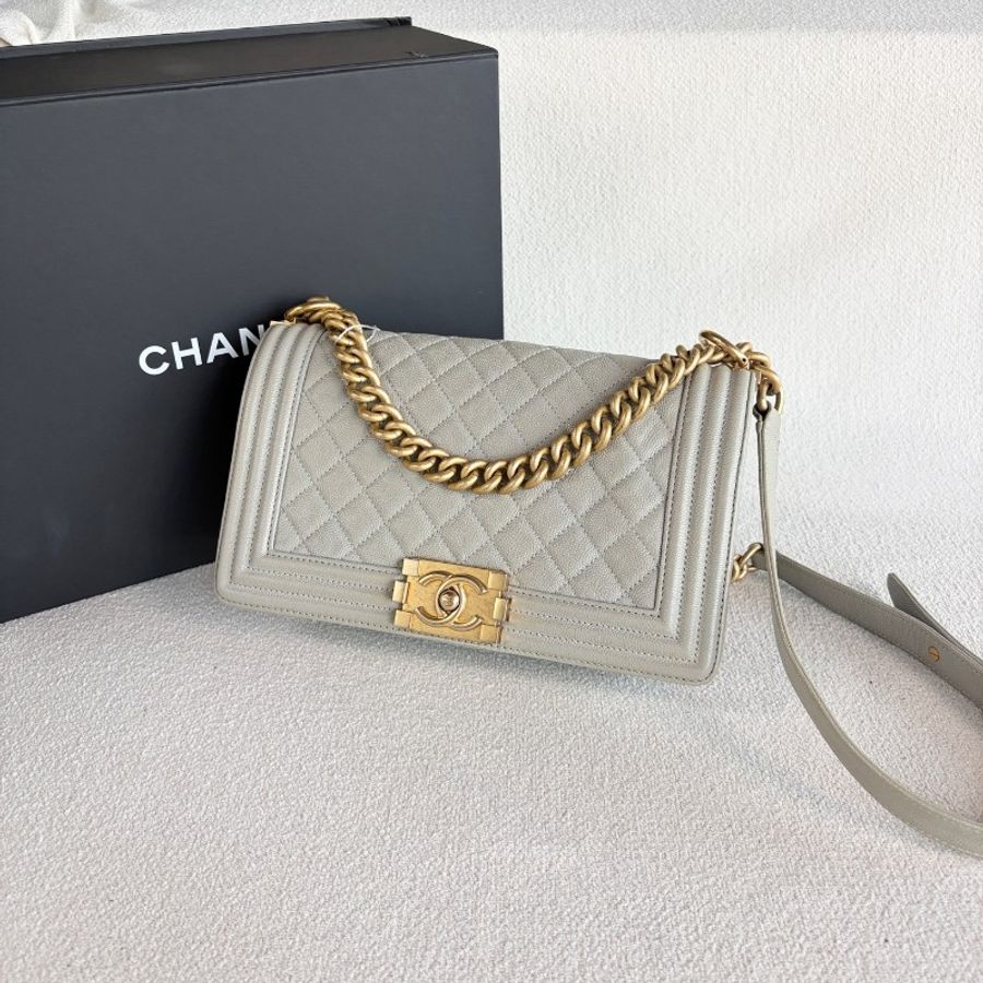 Chanel香奈兒Leboy中号 荔枝皮 灰色金扣-3