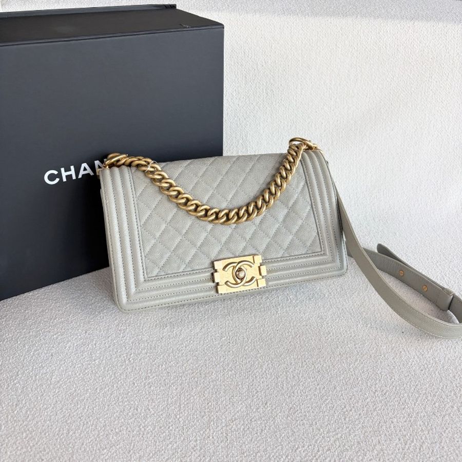 Chanel香奈兒Leboy中号 荔枝皮 灰色金扣-5