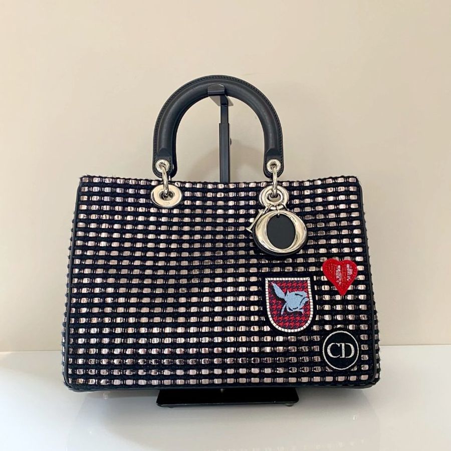 Dior 黑銀色 金屬 小號 刺繡 子母包 手提包 斜背包 電腦公事包 M0902-0