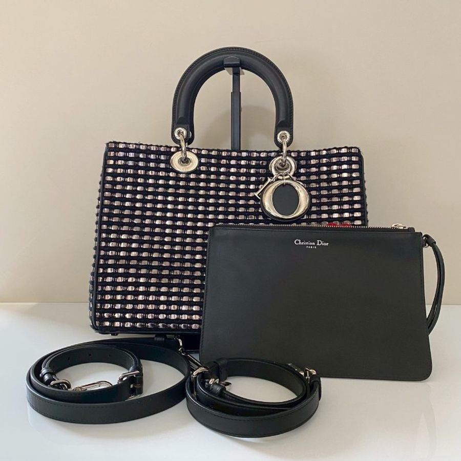 Dior 黑銀色 金屬 小號 刺繡 子母包 手提包 斜背包 電腦公事包 M0902-3