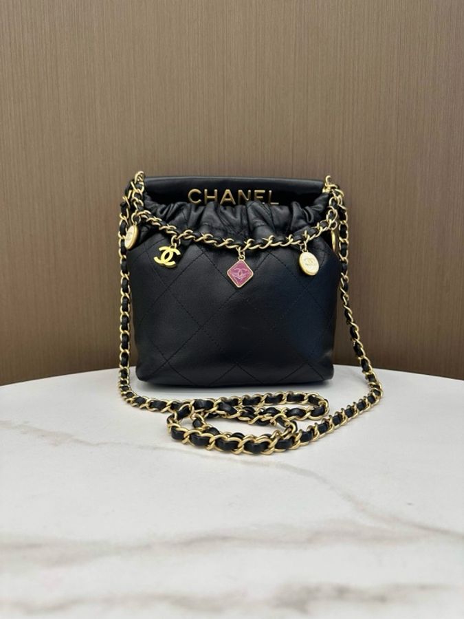 Chanel香奈兒 23p芯片黑色金扣羊皮彩寶福袋單肩斜挎包-1