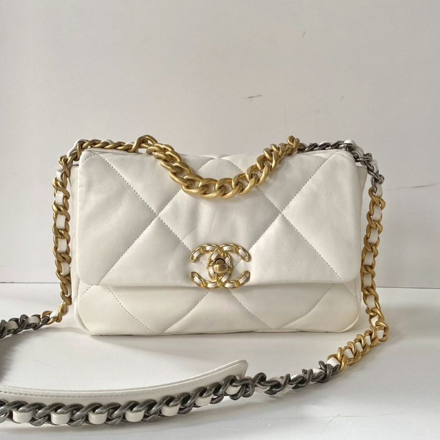 CHANEL 19系列 白色 山羊皮 金釦 雙色鍊 26cm 芯片款 手提 斜挎 小號 口蓋包 AS1160-0