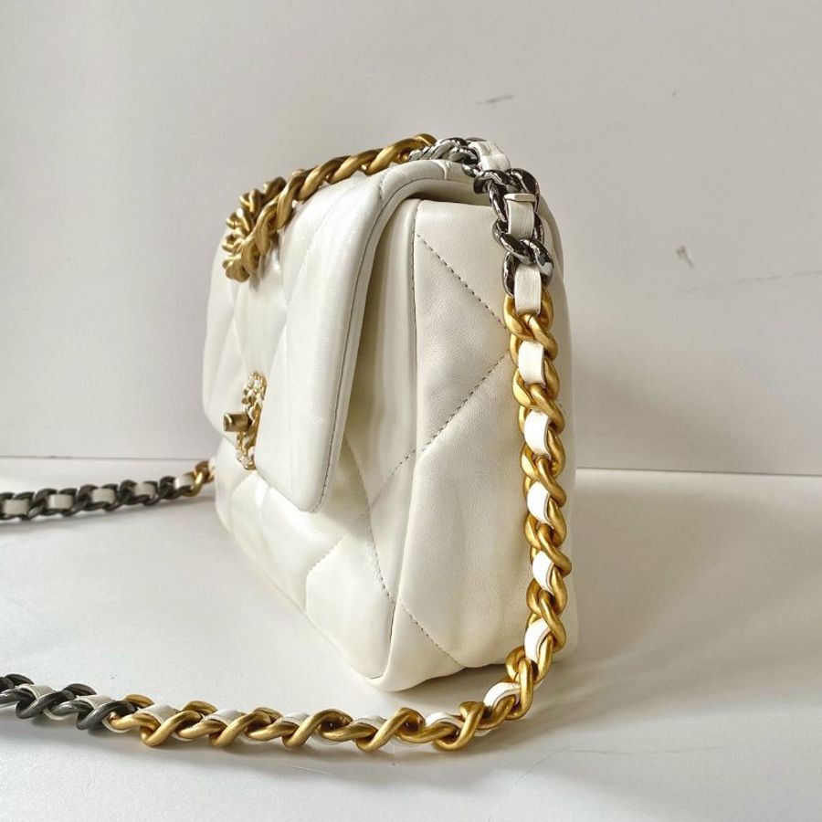 CHANEL 19系列 白色 山羊皮 金釦 雙色鍊 26cm 芯片款 手提 斜挎 小號 口蓋包 AS1160-2
