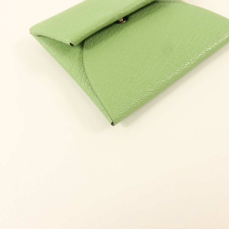 HERMES Chevre皮革Bastia Change Purse零錢包Vert Criquet/Sesame-10
