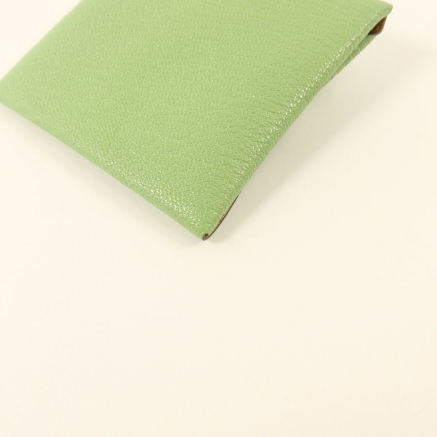 HERMES Chevre皮革Bastia Change Purse零錢包Vert Criquet/Sesame-11