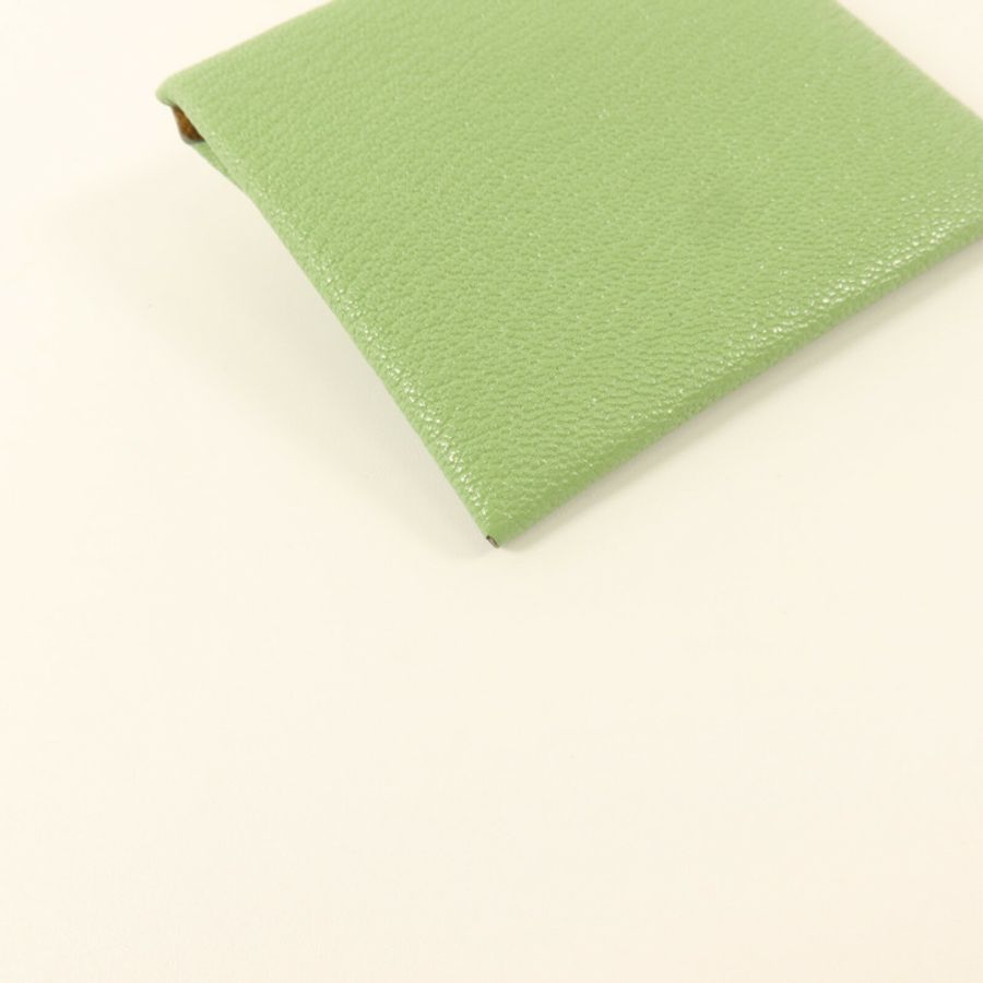 HERMES Chevre皮革Bastia Change Purse零錢包Vert Criquet/Sesame-12