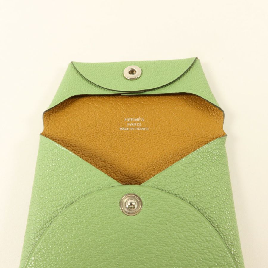 HERMES Chevre皮革Bastia Change Purse零錢包Vert Criquet/Sesame-13