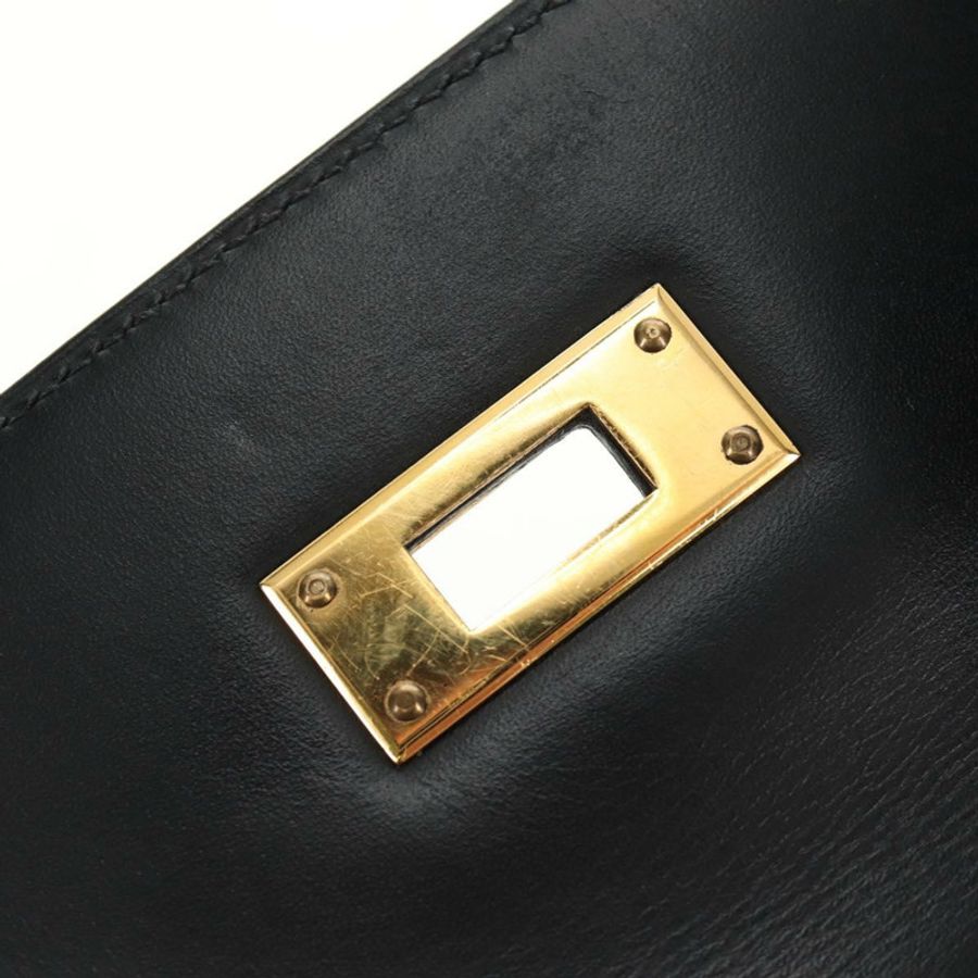 【日本直送】愛馬仕 Box Calf Kelly 32 手提包,皮革材質,黑色金色雙肩包,正品,貨號 190133SM-24