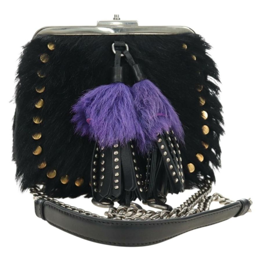 【日本直送】PRADA 鏈條單肩包 毛絨 黑色 銀色 正品 187435SAM-0