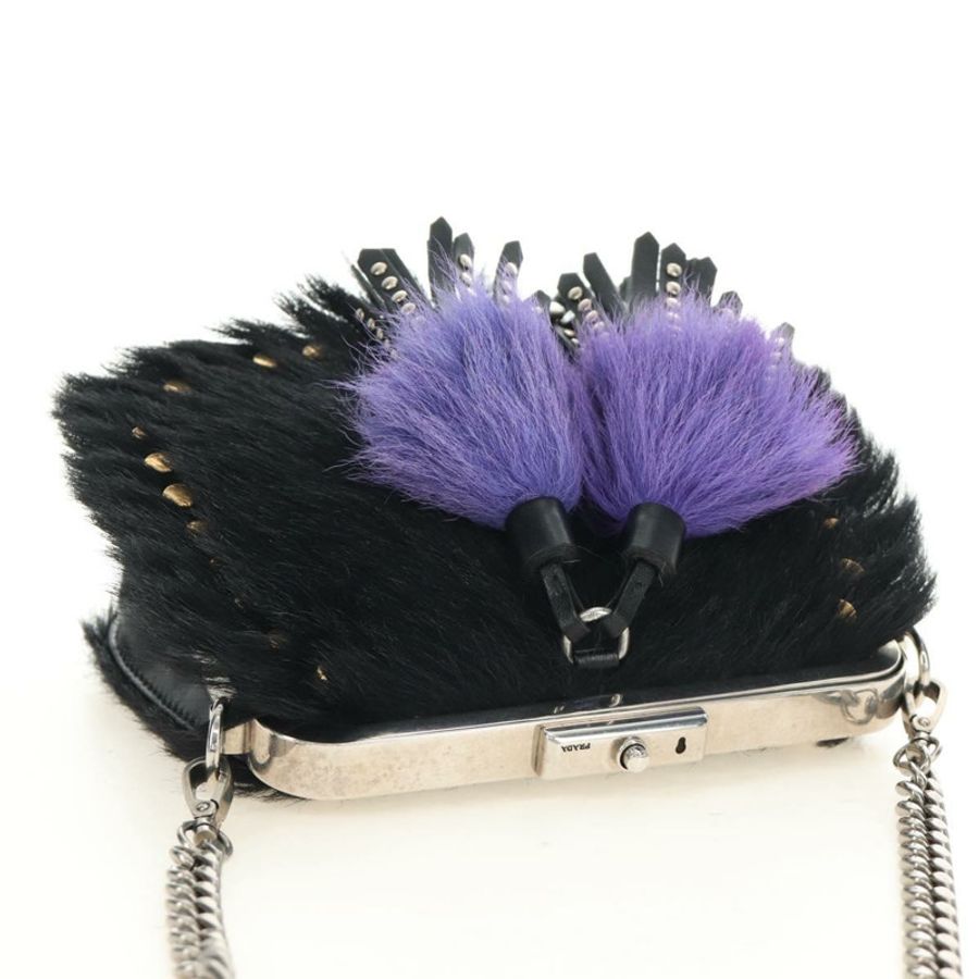 【日本直送】PRADA 鏈條單肩包 毛絨 黑色 銀色 正品 187435SAM-5
