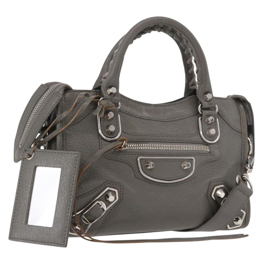 【日本直送】BALENCIAGA 皮革經典金屬邊迷你城市兩用包 灰色/銀色 正品 187985M-0