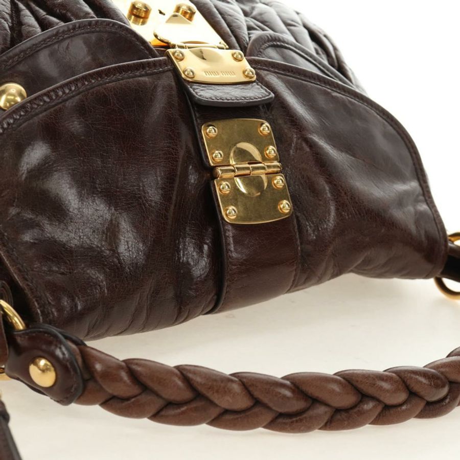 【日本直送】Miu Miu Ready Lock 肩背手提包 皮革 2way 棕色金色 Auth am11986V-13