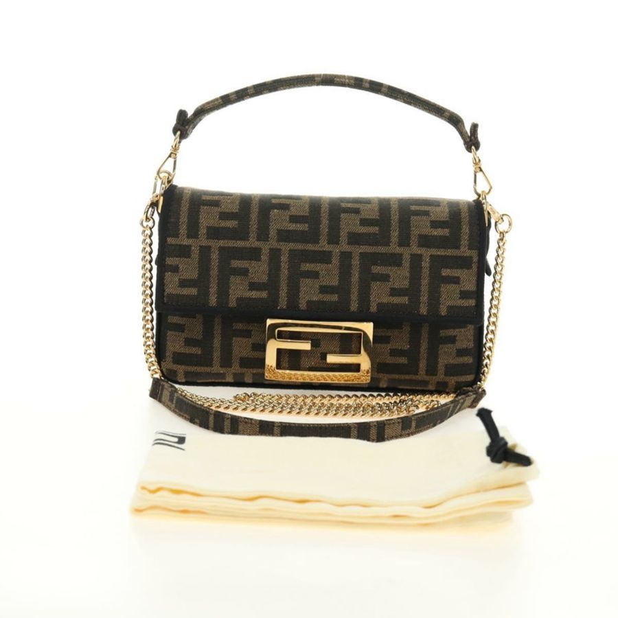 【日本直送】FENDI 鏈條 Zucca 帆布 Mamma Baguette 手袋 2way Brown Black Auth 189061SV-11