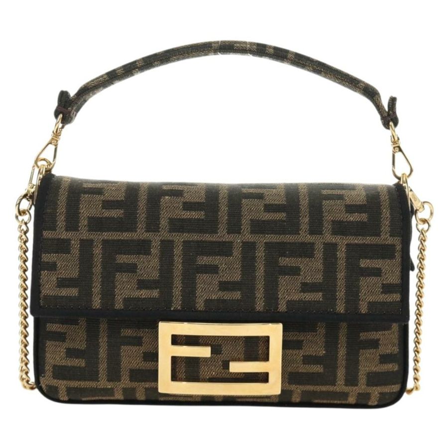 【日本直送】FENDI 鏈條 Zucca 帆布 Mamma Baguette 手袋 2way Brown Black Auth 189061SV-12