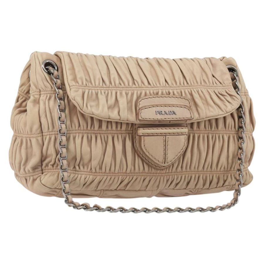 【日本直送】PRADA 褶皺鏈條單肩包 皮革 粉紅色 銀色 正品 182672A-0
