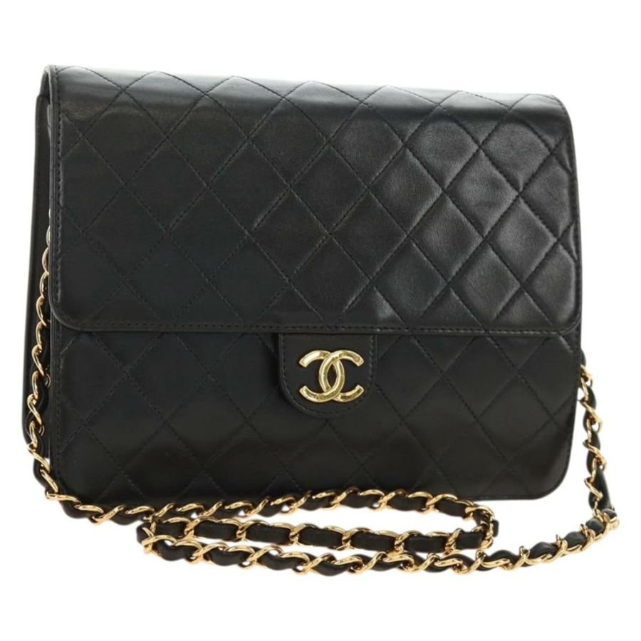 【日本直送】香奈兒 (CHANEL) 絎縫鏈條肩背包,羊皮材質,黑色,金色雙C標誌,貨號 189753V-0
