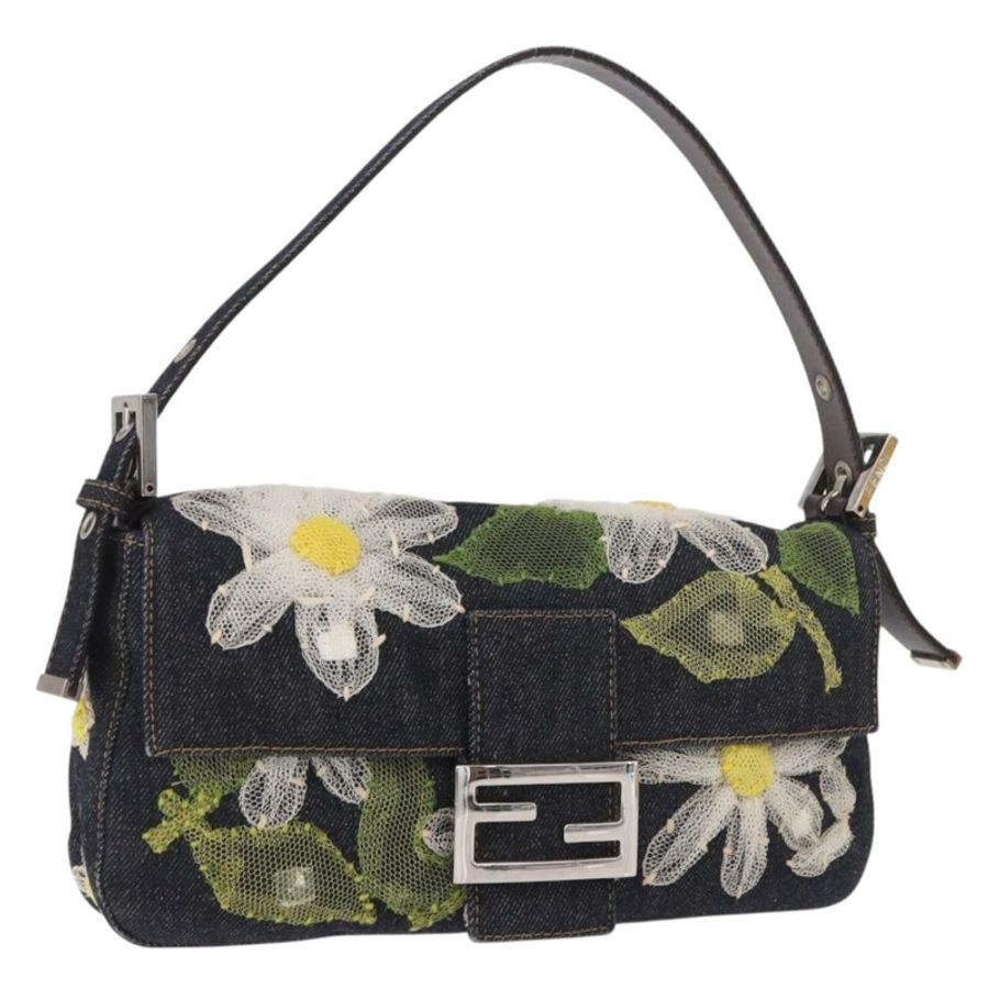 【日本直送】FENDI Mamma Baguette 手袋,牛仔布材質,花朵刺繡,海軍藍銀色,正品編號 190100SAM-0