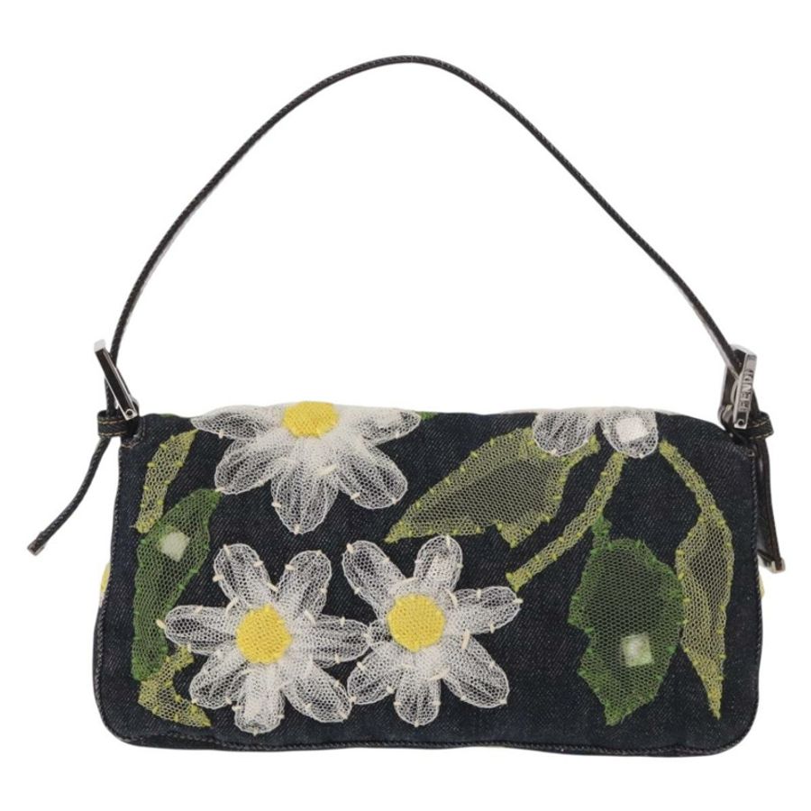 【日本直送】FENDI Mamma Baguette 手袋,牛仔布材質,花朵刺繡,海軍藍銀色,正品編號 190100SAM-1