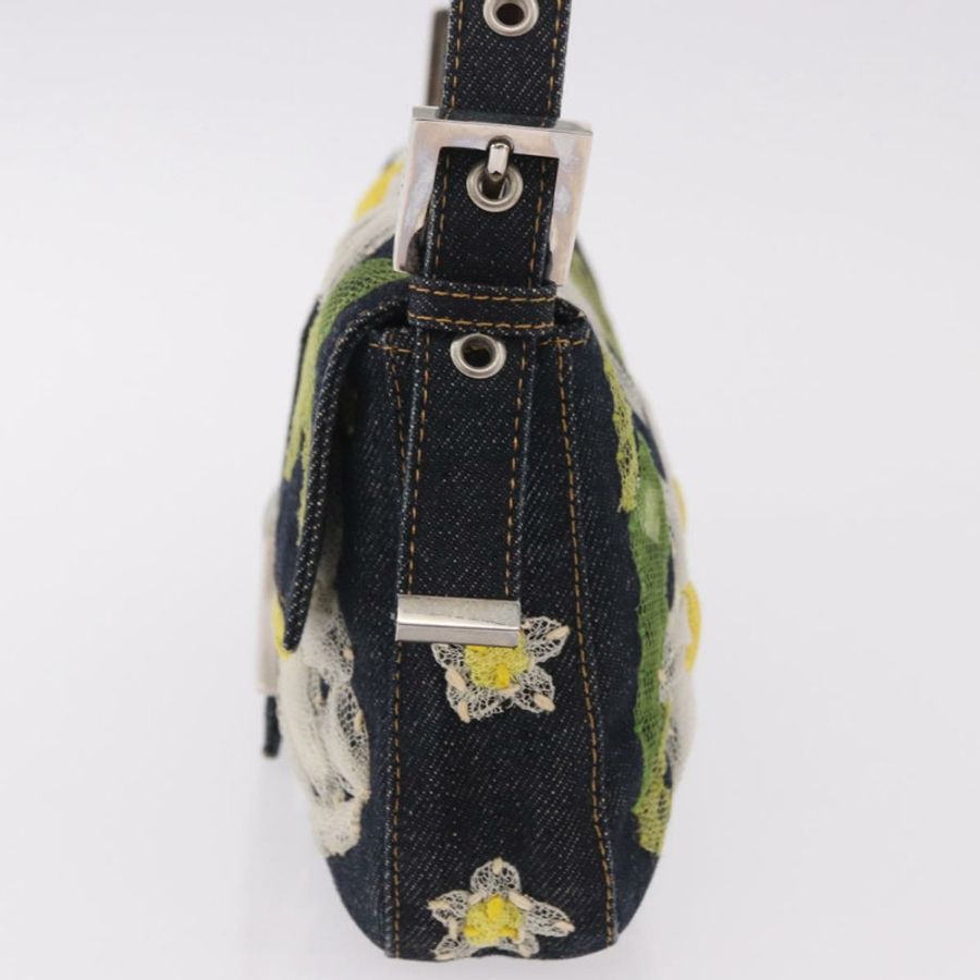 【日本直送】FENDI Mamma Baguette 手袋,牛仔布材質,花朵刺繡,海軍藍銀色,正品編號 190100SAM-2