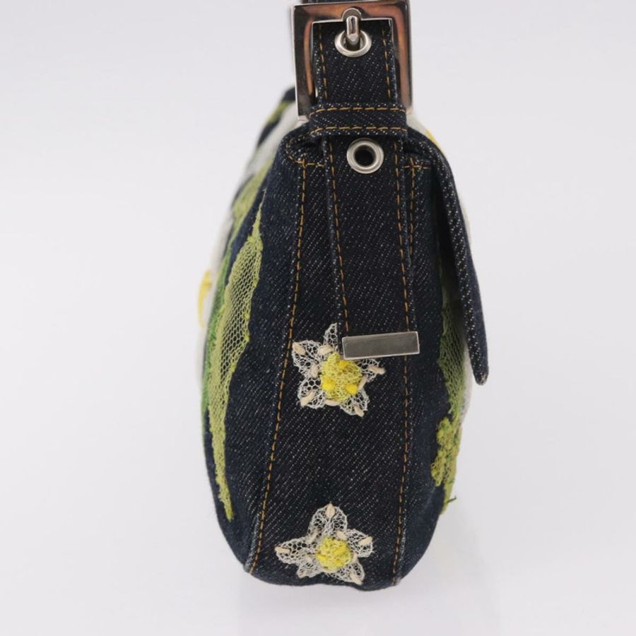 【日本直送】FENDI Mamma Baguette 手袋,牛仔布材質,花朵刺繡,海軍藍銀色,正品編號 190100SAM-3