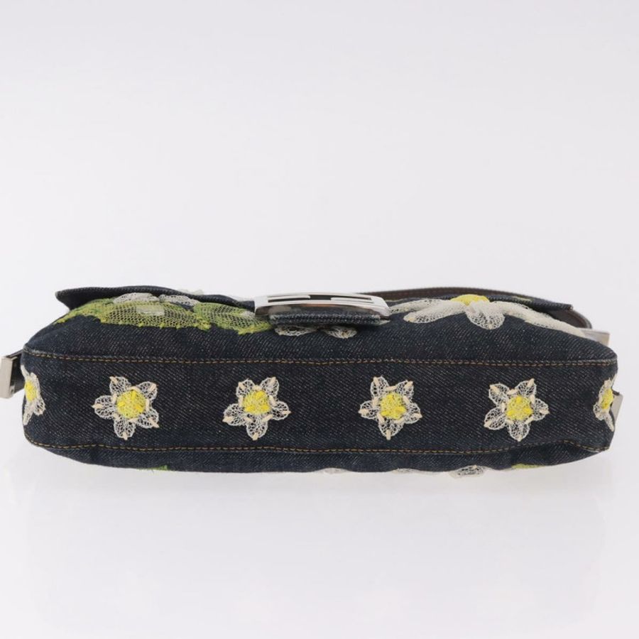 【日本直送】FENDI Mamma Baguette 手袋,牛仔布材質,花朵刺繡,海軍藍銀色,正品編號 190100SAM-4