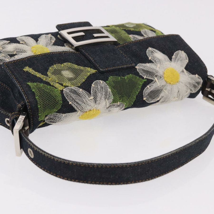 【日本直送】FENDI Mamma Baguette 手袋,牛仔布材質,花朵刺繡,海軍藍銀色,正品編號 190100SAM-5