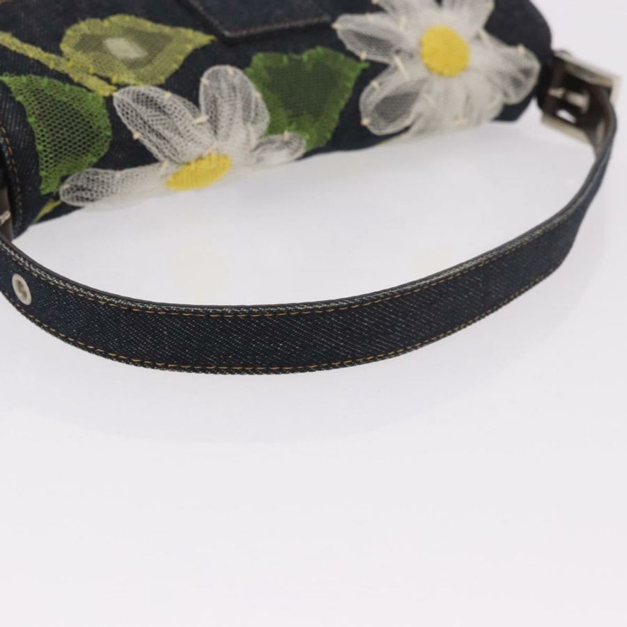 【日本直送】FENDI Mamma Baguette 手袋,牛仔布材質,花朵刺繡,海軍藍銀色,正品編號 190100SAM-6