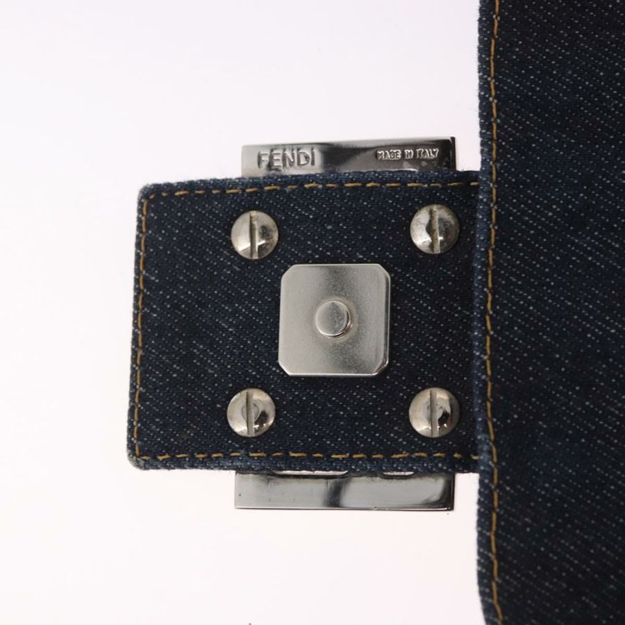 【日本直送】FENDI Mamma Baguette 手袋,牛仔布材質,花朵刺繡,海軍藍銀色,正品編號 190100SAM-7
