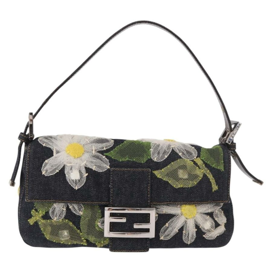 【日本直送】FENDI Mamma Baguette 手袋,牛仔布材質,花朵刺繡,海軍藍銀色,正品編號 190100SAM-12