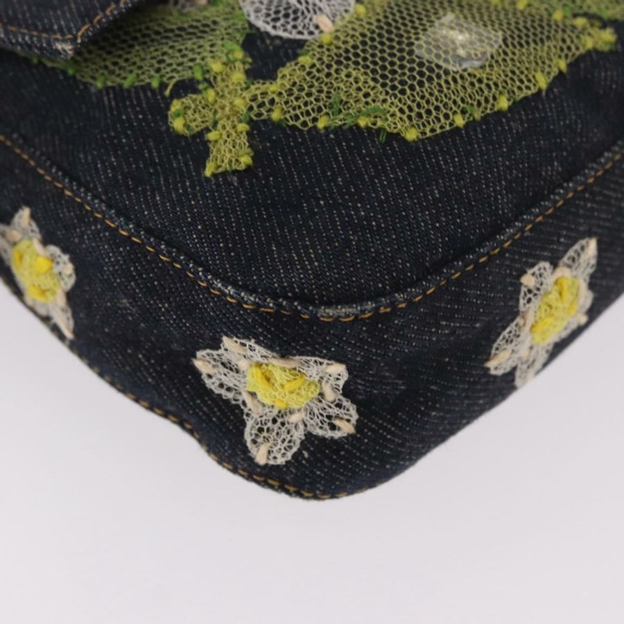 【日本直送】FENDI Mamma Baguette 手袋,牛仔布材質,花朵刺繡,海軍藍銀色,正品編號 190100SAM-14