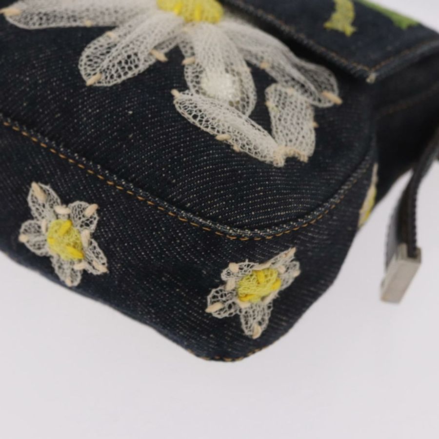 【日本直送】FENDI Mamma Baguette 手袋,牛仔布材質,花朵刺繡,海軍藍銀色,正品編號 190100SAM-15