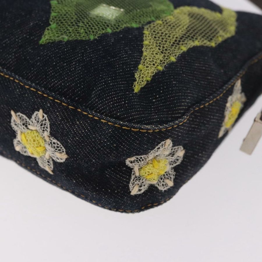 【日本直送】FENDI Mamma Baguette 手袋,牛仔布材質,花朵刺繡,海軍藍銀色,正品編號 190100SAM-17