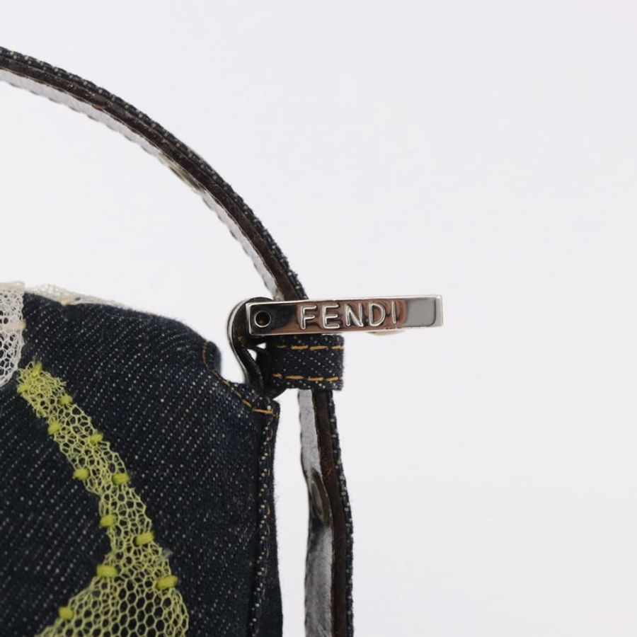 【日本直送】FENDI Mamma Baguette 手袋,牛仔布材質,花朵刺繡,海軍藍銀色,正品編號 190100SAM-18