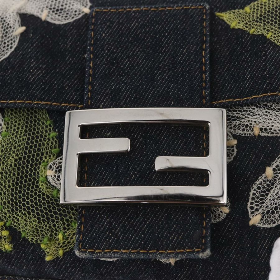 【日本直送】FENDI Mamma Baguette 手袋,牛仔布材質,花朵刺繡,海軍藍銀色,正品編號 190100SAM-19