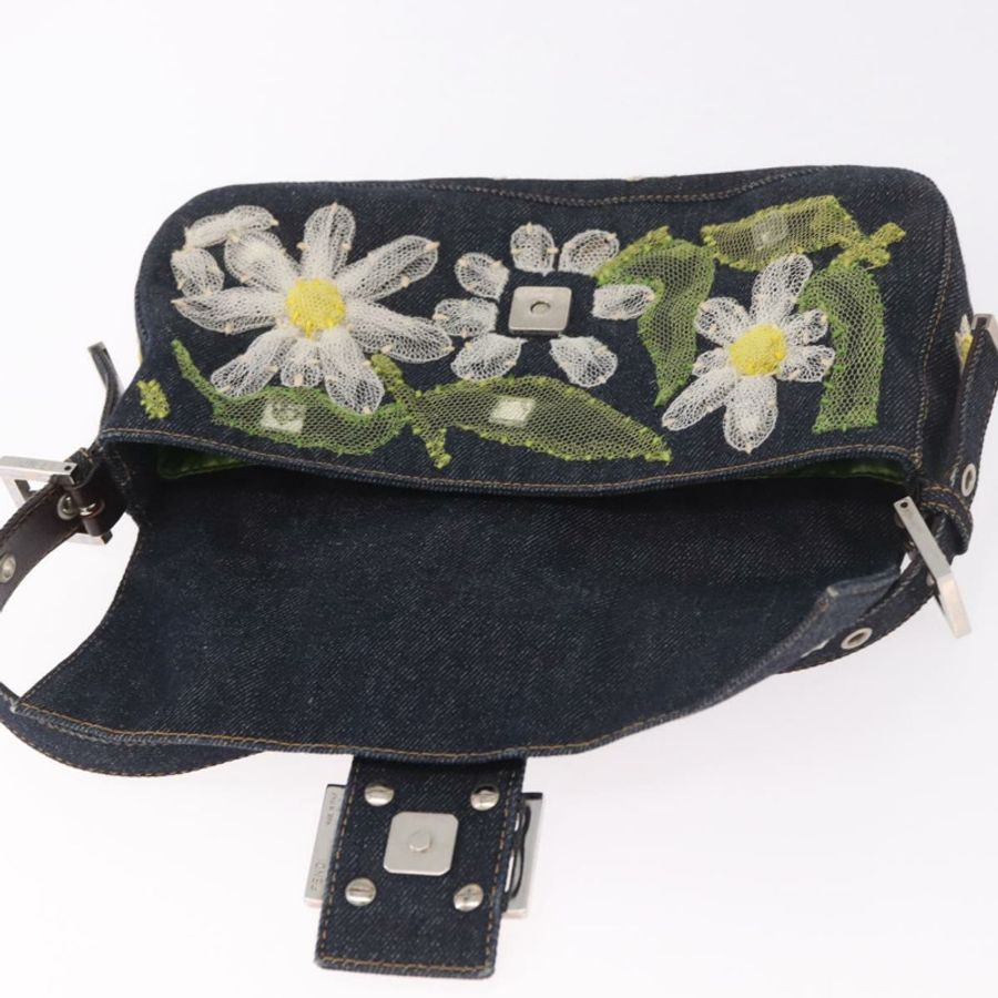 【日本直送】FENDI Mamma Baguette 手袋,牛仔布材質,花朵刺繡,海軍藍銀色,正品編號 190100SAM-20