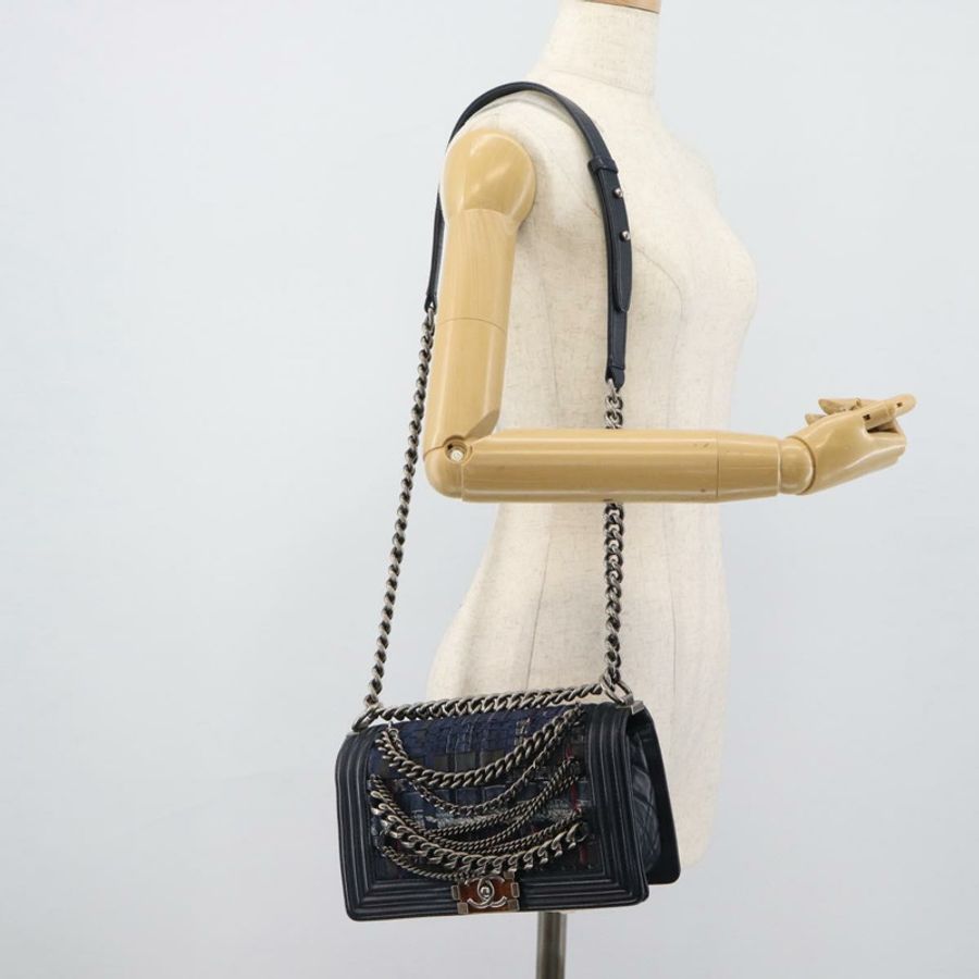 【日本直送】香奈兒 Boy Chanel 鏈條肩背包 牛仔藍 銀色 CC 標誌 Auth 190194SAM-23
