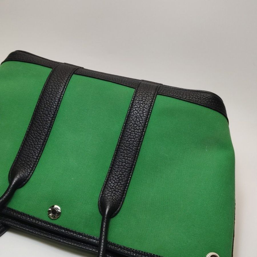 Hermes Garden Party花園包30手提包帆布Negonda牛皮銀扣綠色89黑色A刻-13