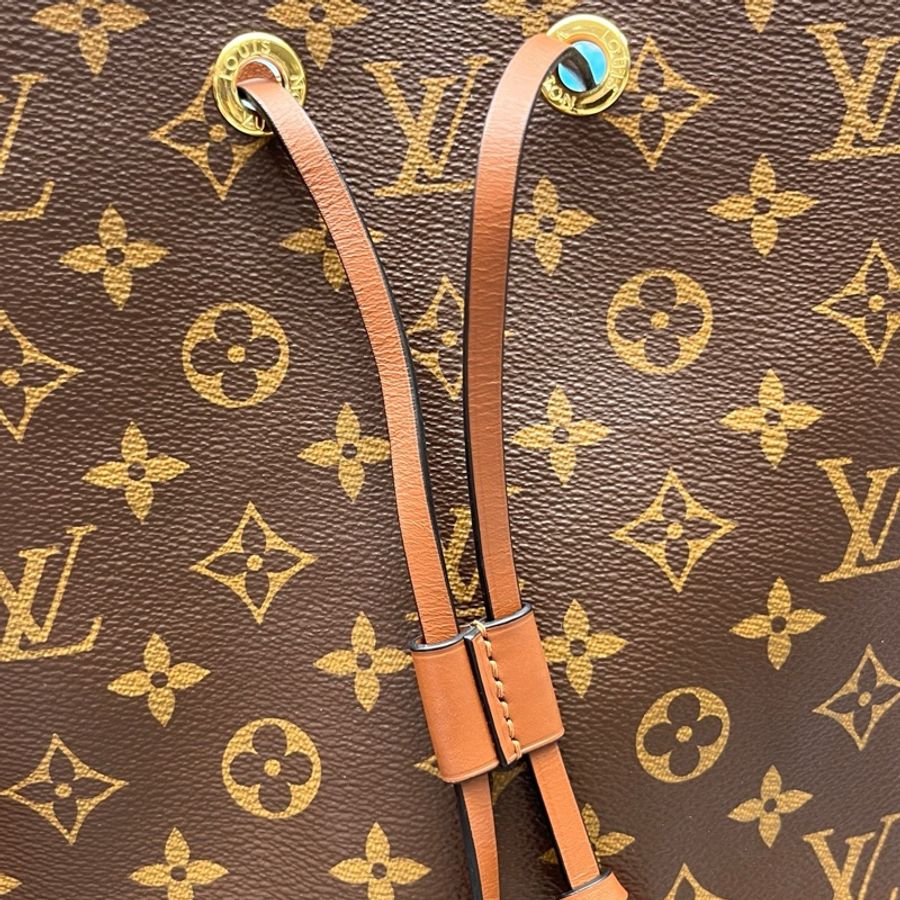 LV 路易威登老花拼焦糖色抽繩水桶包 芯片款-5