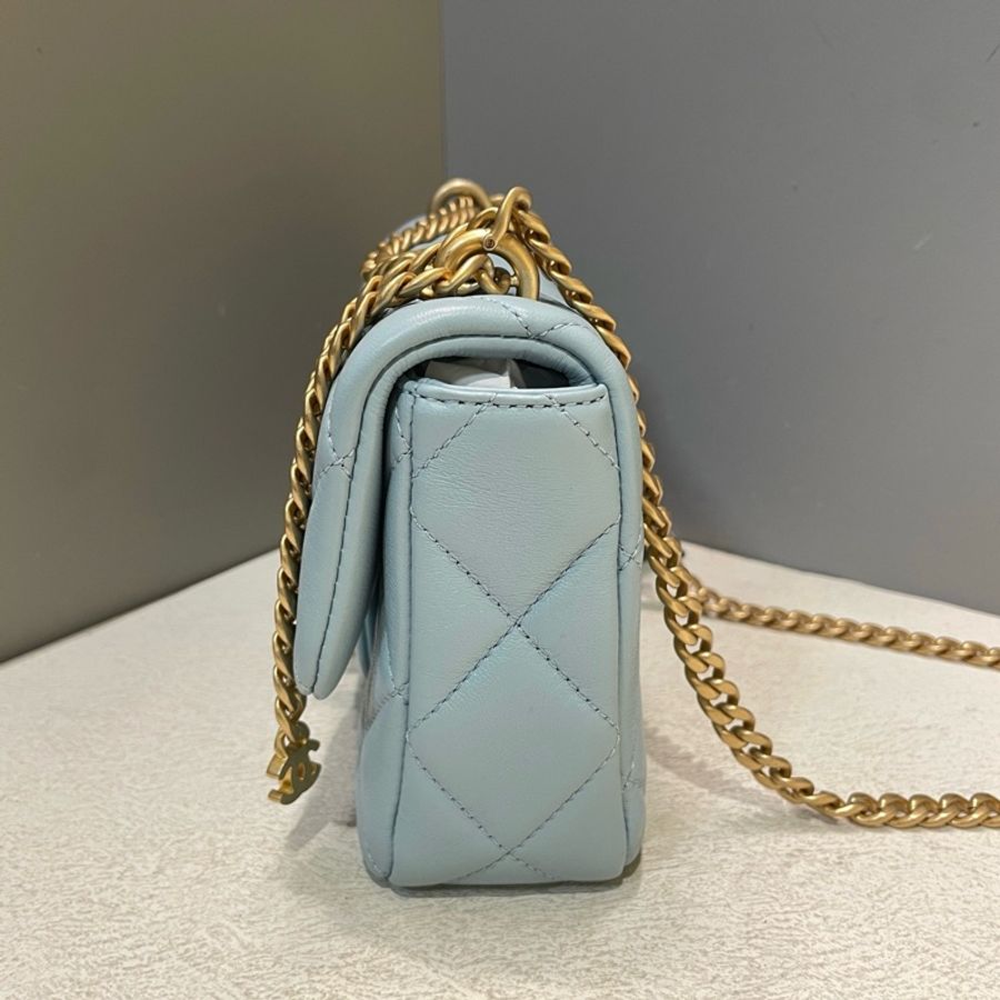 Chanel/香奈兒 22p淺藍色琺瑯雙C扣方胖手提包斜挎包 金扣-2