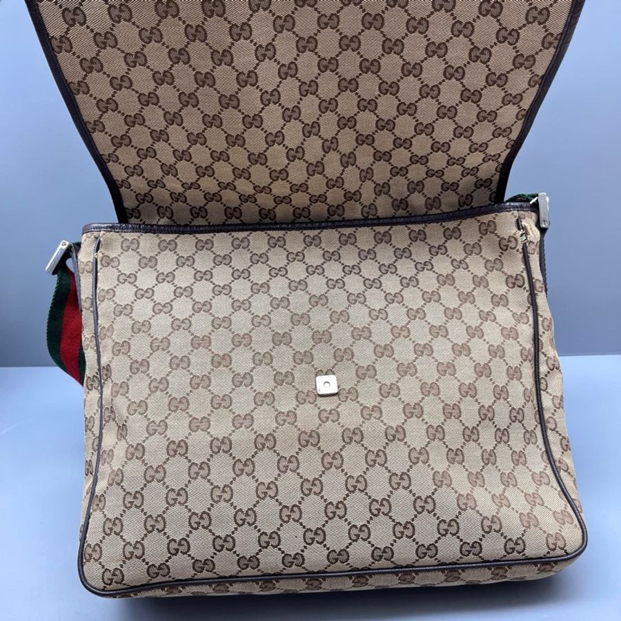 GUCCI 古馳老花帆布拼皮郵差包-5