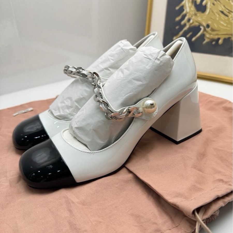 Miu Miu 繆繆 女士鏈條和仿珍珠飾皮革瑪麗珍高跟鞋 熊貓配色 36.5碼 有其它碼-1
