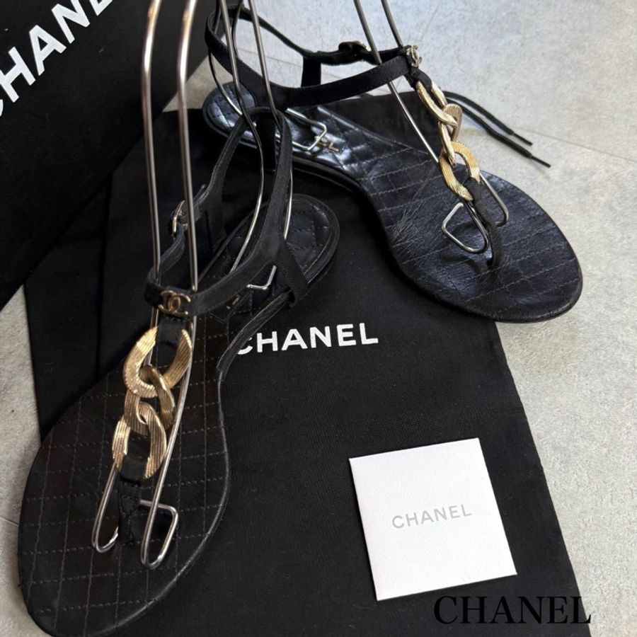 CHANEL 黑金小logo 涼鞋36-1